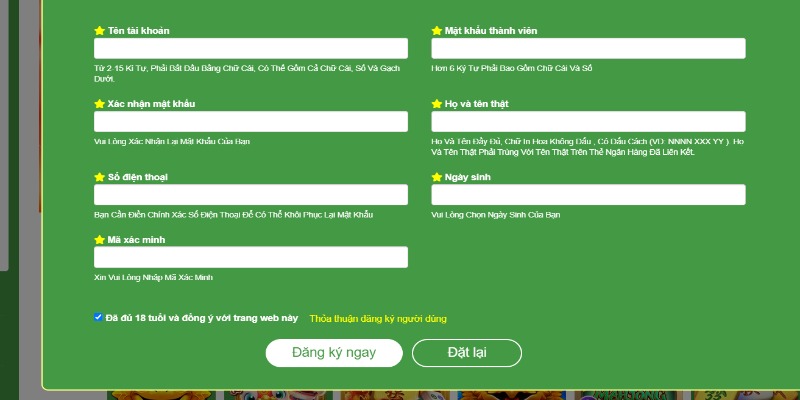 Điều kiện để mỗi hội viên tạo tài khoản thành công